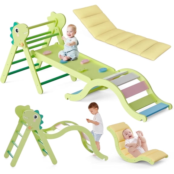 KidsBuddy Pikler Triangle Set with Cushion, 9-in-1 Kids Climbing Toys for Toddlers 1-3 Inside,Montessori Toddler Climbing Toys Indoor,Baby Playground for Children (Dinosaur Pattern)