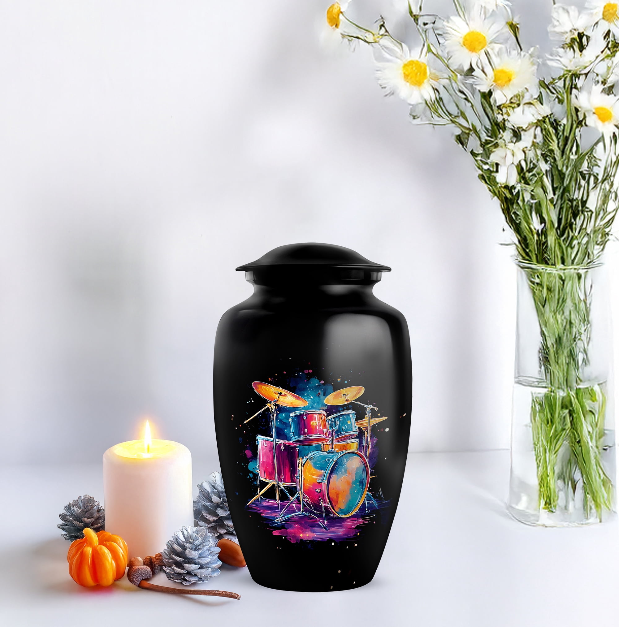 Neon Drummer Memorial Urns Set, Funeral Urn For Human Ashes Adult Female, Small Urn For Human Ash Keepsake, Musical Cremation Urns For Ashes Adult Male, (Size 10 Inch 1 Pcs & Size 3 Inch, 2 Pcs)