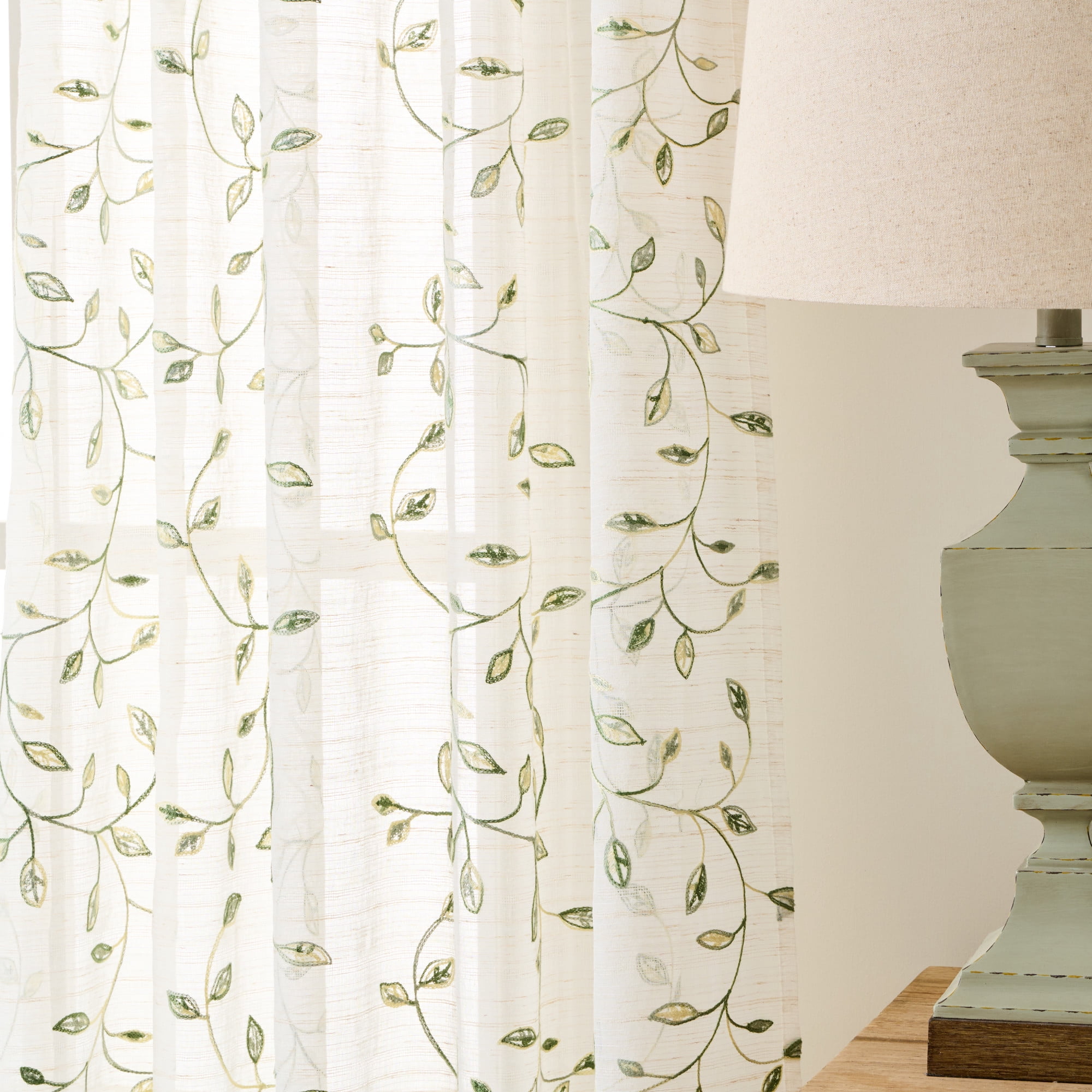 Martha Stewart Durham Embroidery Curtain Panel Pair, White/ Green, Rod Pocket, Sheer, Indoor, Adult, 2 Piece Set, 50" x 63"