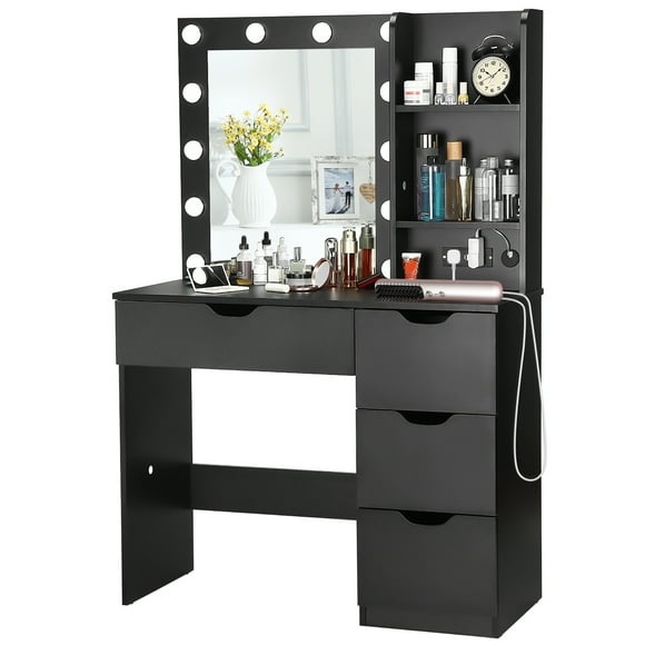 GOGRANT Vanity Desk with Mirror and Lights, 35.4" Makeup Vanity with 4 Drawers, 3 Open Shelves, Power Outlets & 3 Lighting Colors, Small Makeup Dressing Table for Bedroom