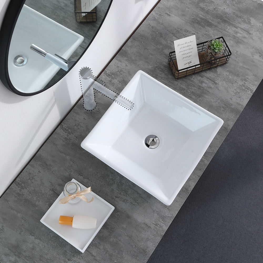 Kepooman 16" x 16" Vessel Sink, Modern Bathroom Ceramic Vessel Vanity Sink, Rectangle Above Counter Countertop Porcelain Vanity Sink with Pop Up Drain Stopper