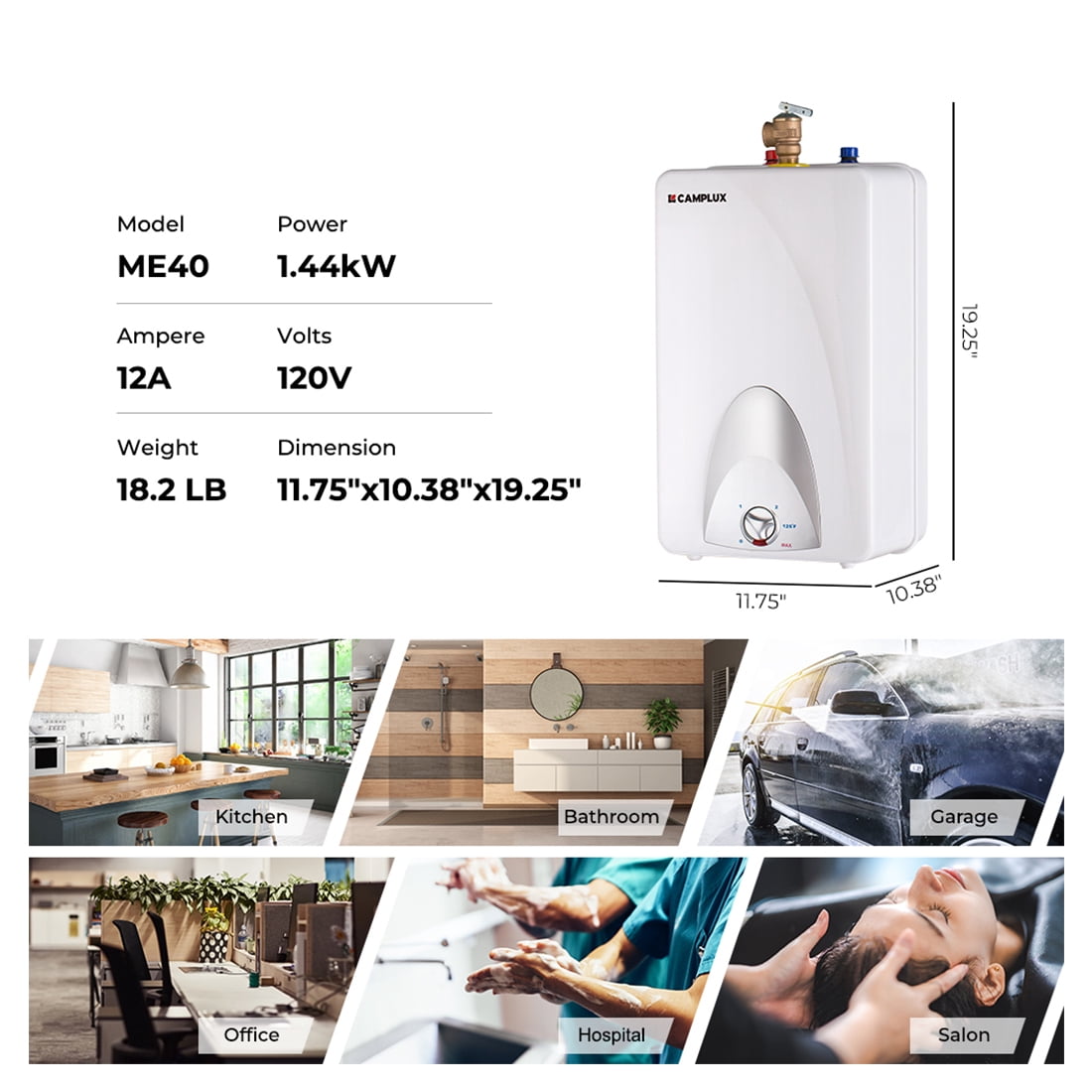 CAMPLUX 4-Gallon 1440W Mini Tank Point of Use Electric Water Heater, UL Listed, Compact Installation