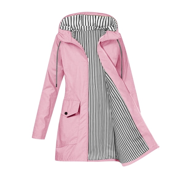 SDNall Women's Solid Color Rain Jacket, Outdoor Hooded Windproof Coat with Pockets, Long Sleeve