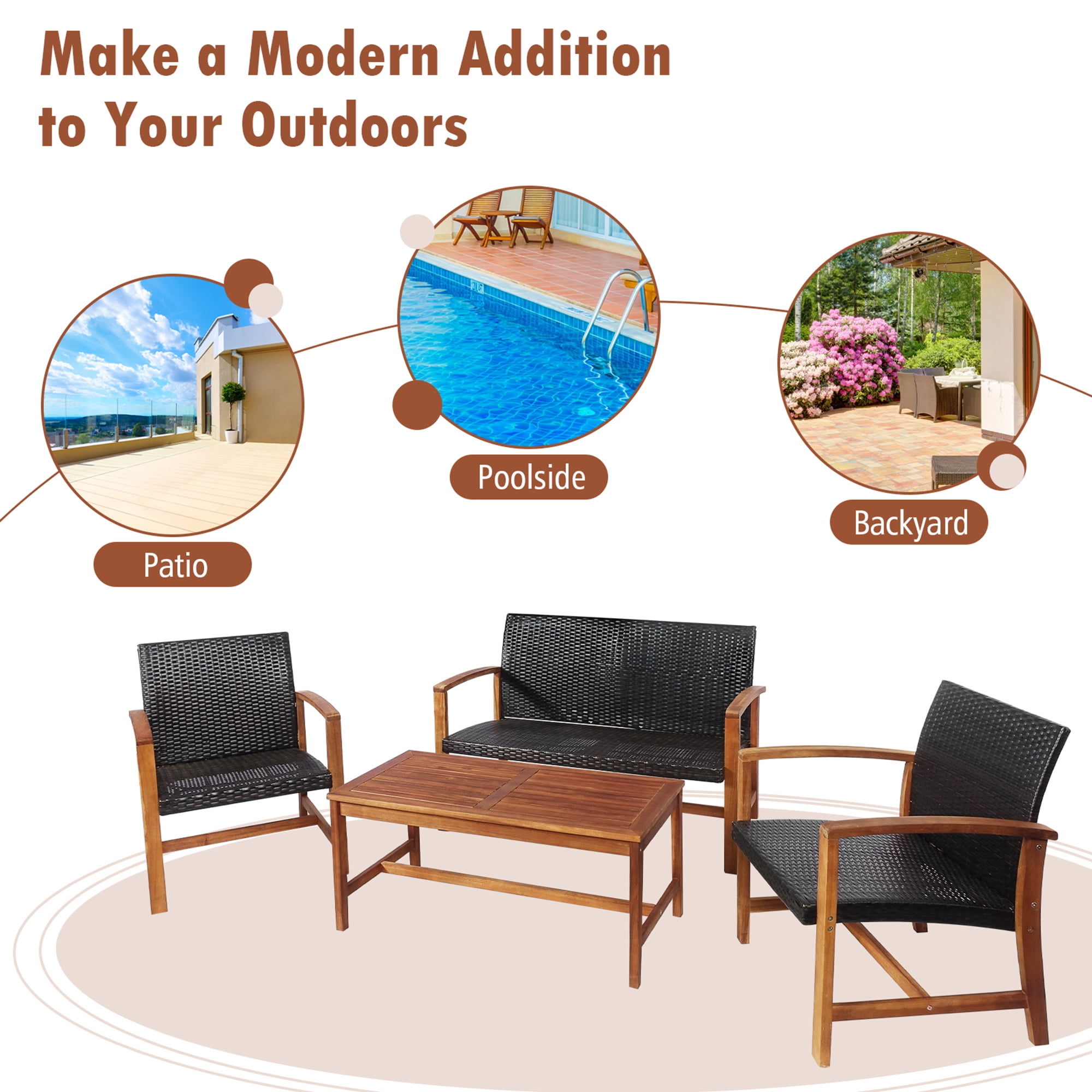 Gymax 8PCS Patio Conversation Set Outdoor Furniture Set w/ Acacia Wood Frame