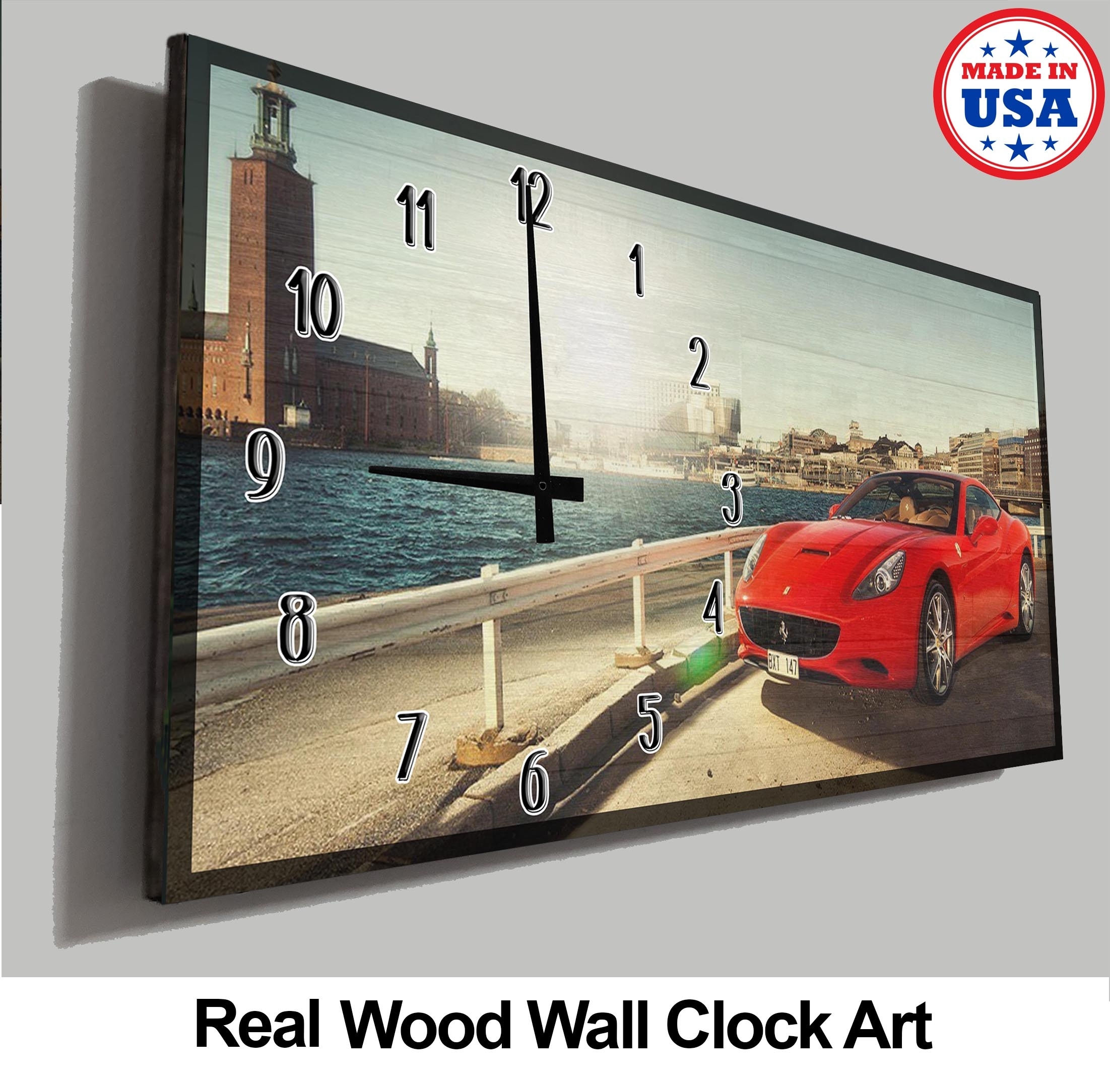 Car Wall Clock Foreign Super Car Exotic Red Coastline Man Cave Wall