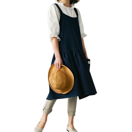 

Women Cotton Linen Apron Solid Color Kitchen Bib Work Apron for Painting Crafting Cooking Baking Blue