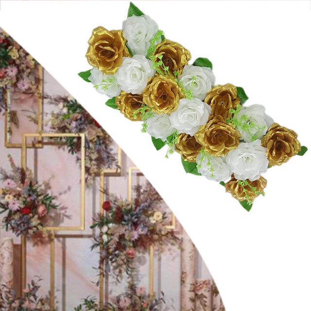 Chemin de Table Panneau de Fleurs Roses pour Mariage Fleurs Arquées Dorées et Blanches
