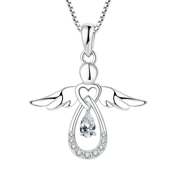 FJ Guardian Angel Necklace for Women 925 Sterling Silver Cubic Zirconia Pendant April Birthstone Jewelry Gifts for Mom Wife Daughter