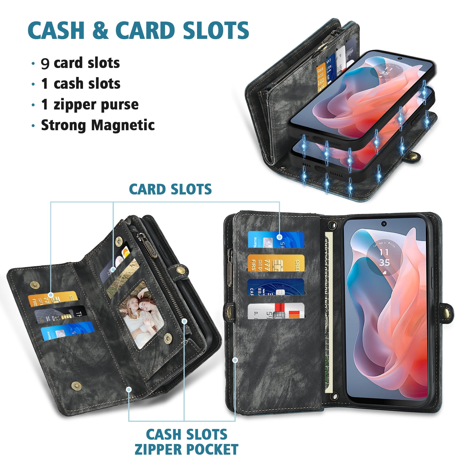 Asuwish Phone Case for Motorola Moto G Play 4G 2024 Zipper Wallet Detachable Cell Cover with Tempered Glass Screen Protector Crossbody Lanyard Strap Flip Card Holder XT2413V XT2413-1 64GB Women Black