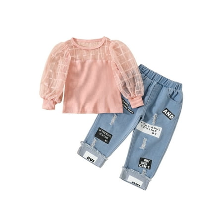 

Calsunbaby Kids Littlt Girls 2Pcs Outfits Long Sleeve Patchwork See Through Plaid Ribbed Tops + Denim Ripped Jeans Pink 1-2 Years