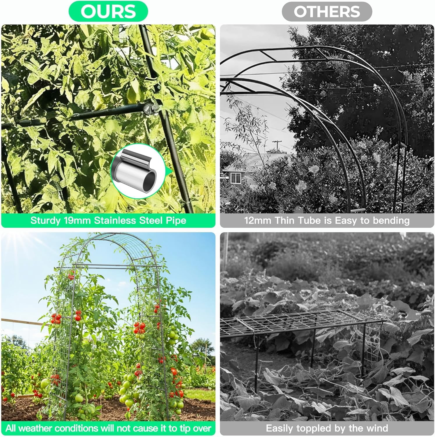Garden Arch Trellis for Climbing Plants, 82 Inch Tall Metal Vine Support with Clamp Netting for Outdoor Flower Vegetable Tomato Cucumber Garden Decoration