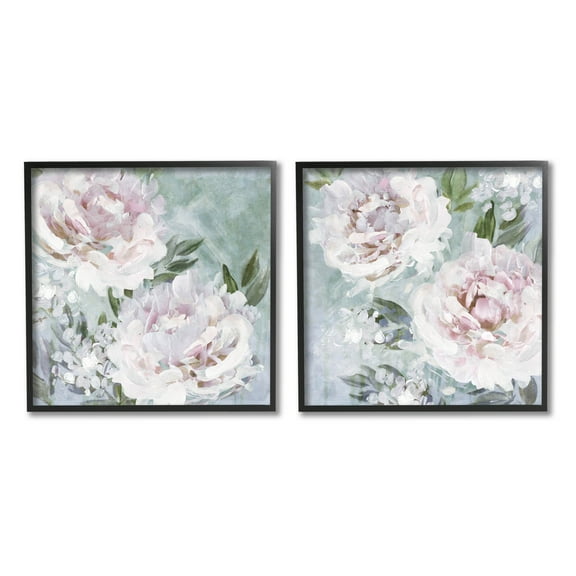 Fluffy Blooming Peonies Nature Botanical & Floral Graphic Art Black Framed Art Print Wall Art, Set of 2