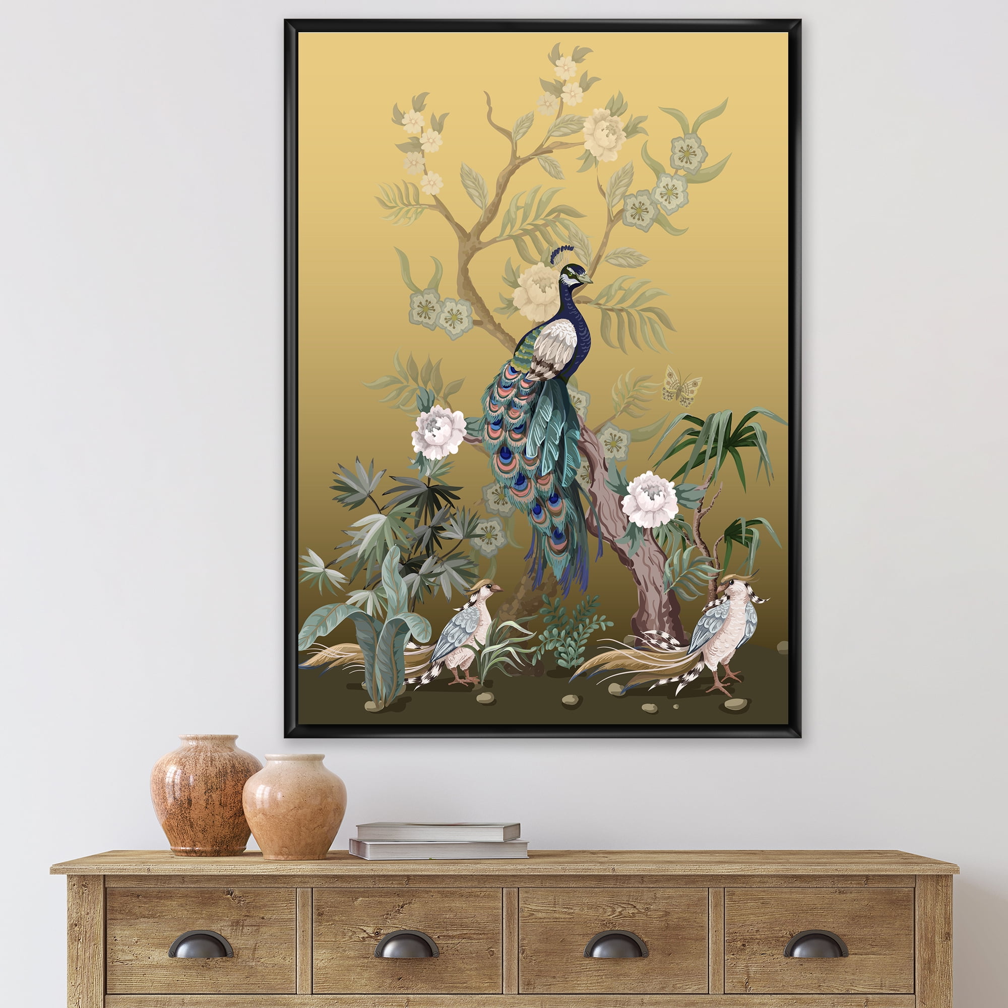 Designart 'Chinoiserie With Peonies and Birds VI' Traditional Framed Canvas Wall Art Print