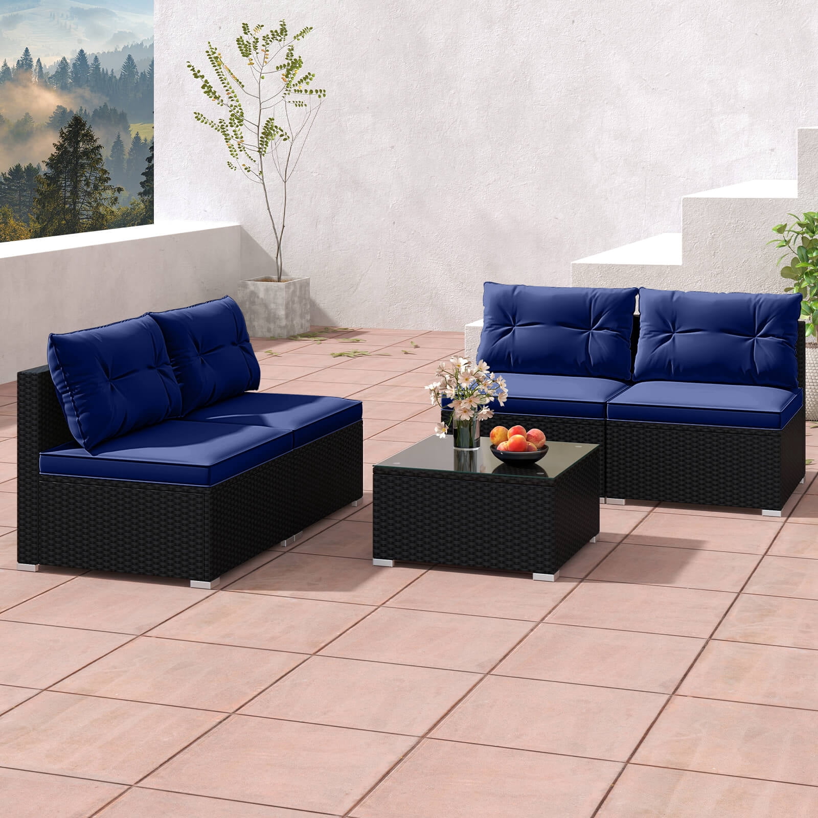 Costway 5 Piece Outdoor Furniture Set with Seat & Back Cushions Tempered Glass Tabletop Blue