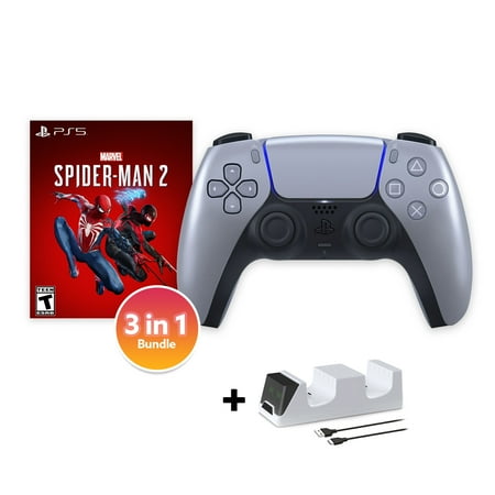 PlayStation 5 DualSense Controller Sterling Silver with Spider-Man 2 and Mytrix Dual Controller Charger - 3 in 1 Bundle for PS5