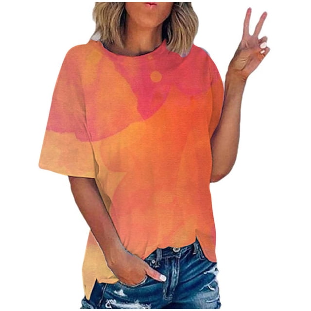 Besolor Tuniques d'Été pour Femmes Tendance 2025 Dégradé Col Rond Manches Courtes Chemises Décontractées Grande Taille Blouse T-Shirts