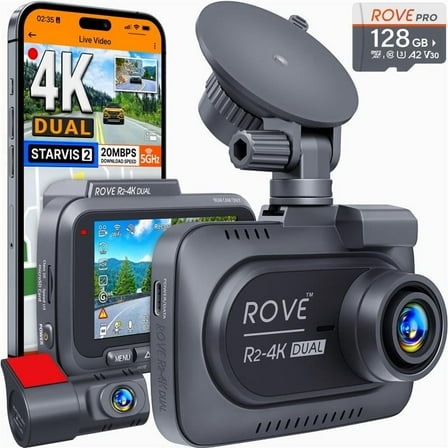 ROVE R2-4K DUAL Dash Cam Front and Rear, STARVIS 2 Sensor, Free 128GB Card, 5G WiFi - 20MB/s Fastest Download Speed, 4K 2160P/1080P Dash Camera for Cars with 3" IPS Screen, Night Vision