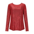 thumbnail image 4 of Breezora Haut Pailleté pour Femmes, Col Rond Scintillant, Chemise à Manches Longues, Blouse à Paillettes pour Sorties Décontractées, Tenue de Soirée, Taille TTG, Rouge, 4 of 5