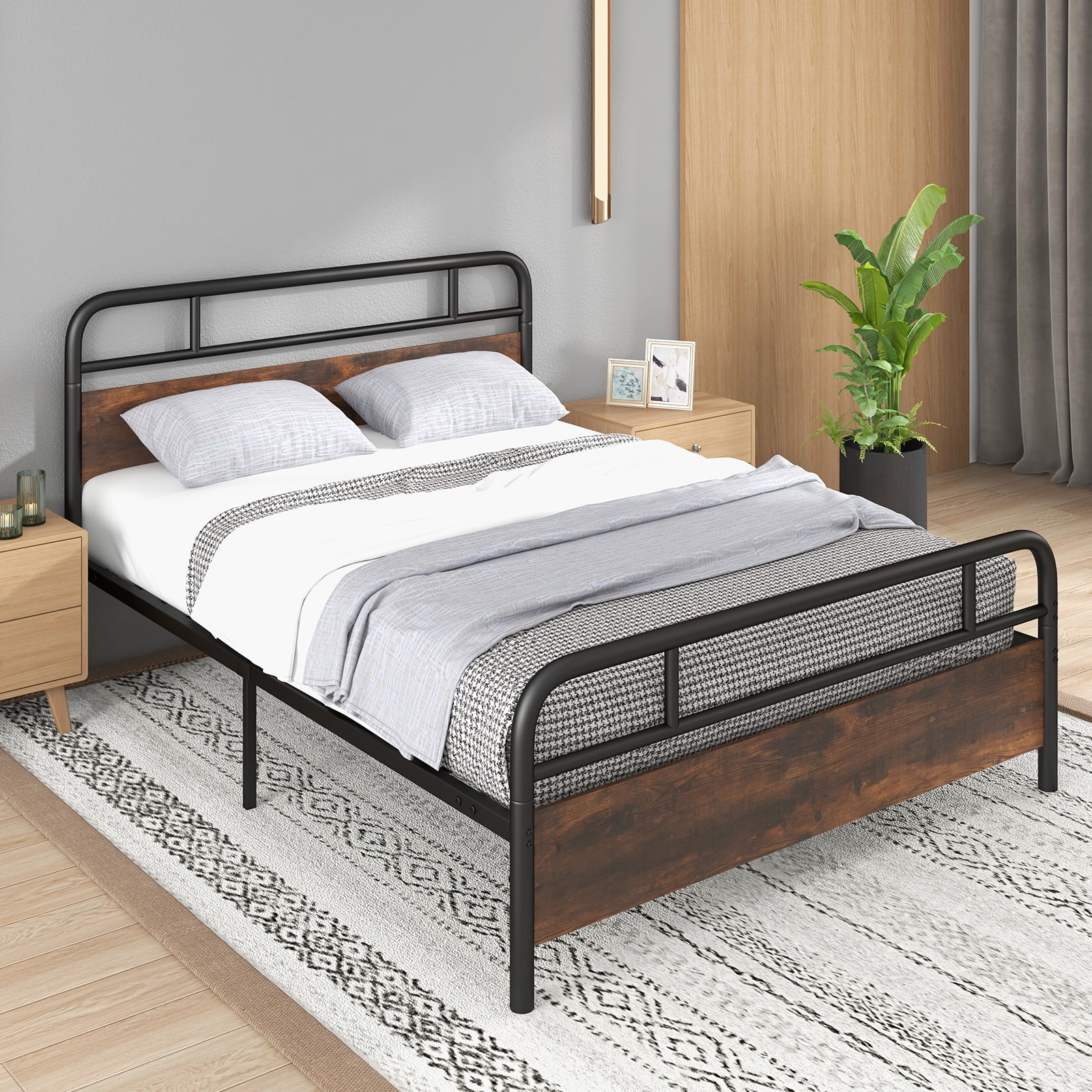 Infans Queen Size Metal Platform Bed Frame Industrial Headboard Mattress Foundation