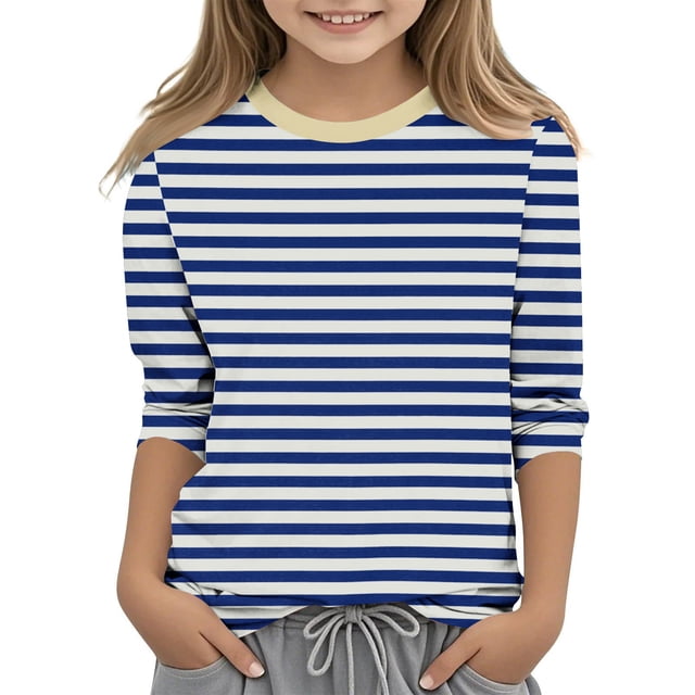 Dealovy Chemises à Manches 3/4 pour Filles Été Col Rond Rayé Habillé Décontracté Imprimé Ample Tunique Confortable