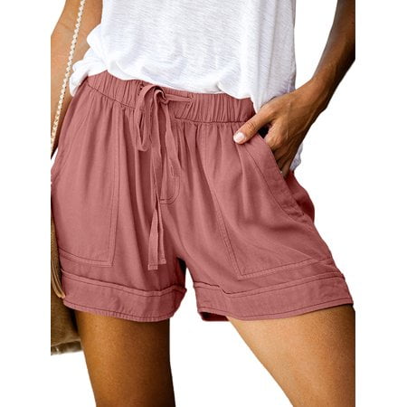YUNDAN Women Casual Shorts Plain Solid Elastic Waist Drawstring Pockets Trousers Summer Beach Lightweight Short Lounge Pants 