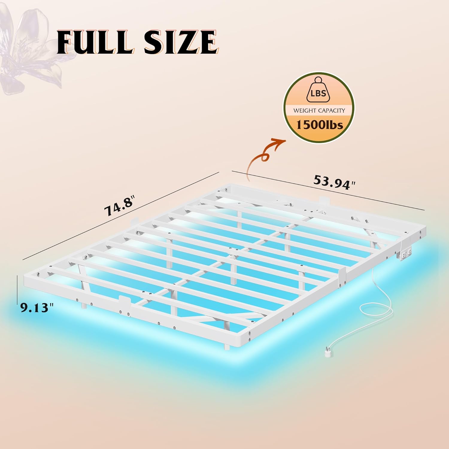 WLIVE Floating Bed Frame Full Size with LED Lights and Charging Station, Metal Platform Bed Frames Full, No Box Spring Needed, Sturdy Support, Easy Assembly, No Noise, White
