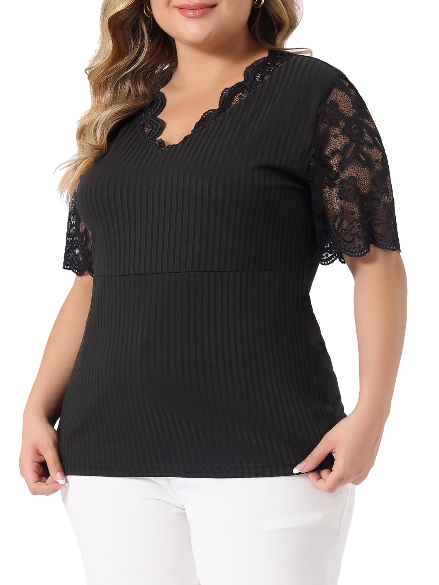 Unique Bargains Women's Plus Size Tops V Neck Elegant Lace Ribbed Knit Tunic Blouse 4X Black