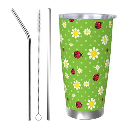 

KLL Daisies And Ladybugs Print 40oz Stainless Steel Insulated Car Cup with Spillproof Lid - Keep Your Drink Hot or Cold on the Go-Straw Three-piece Set