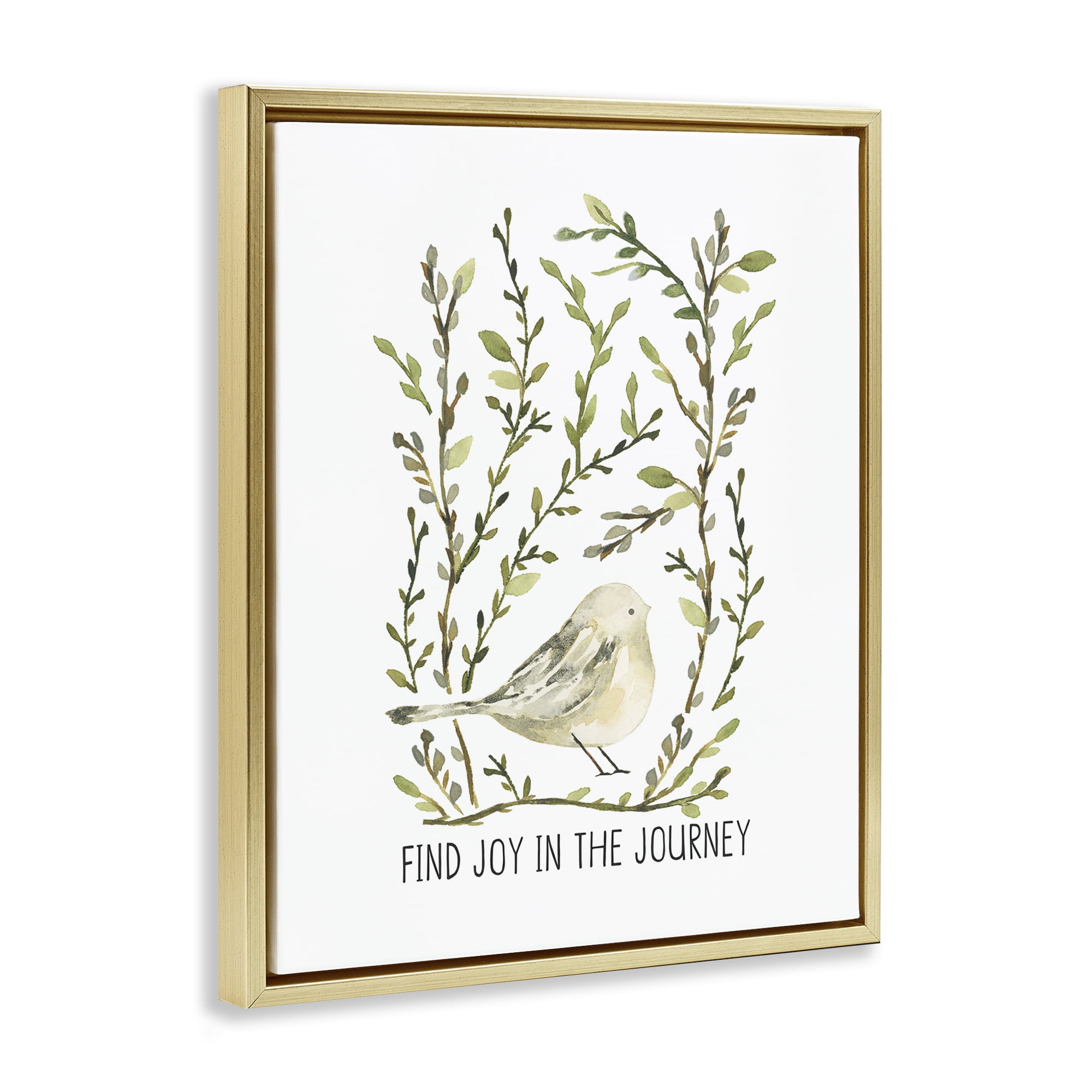 Stupell Industries Find Joy with Bird Botanical & Floral Painting Gold Floater Framed Art Print Wall Art, 17 x 21