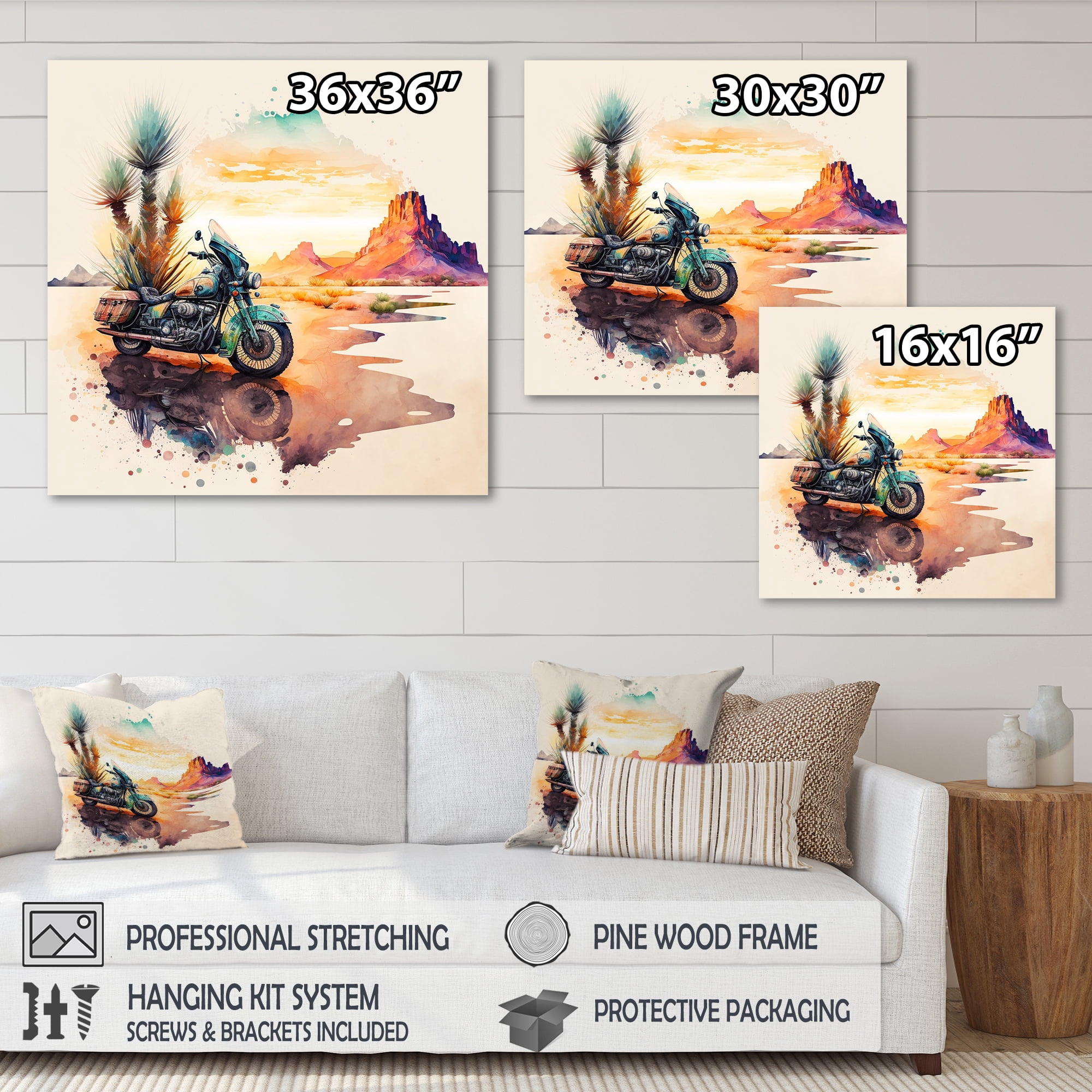 Designart Motorcycle Parked In The Desert III Canvas Wall Art