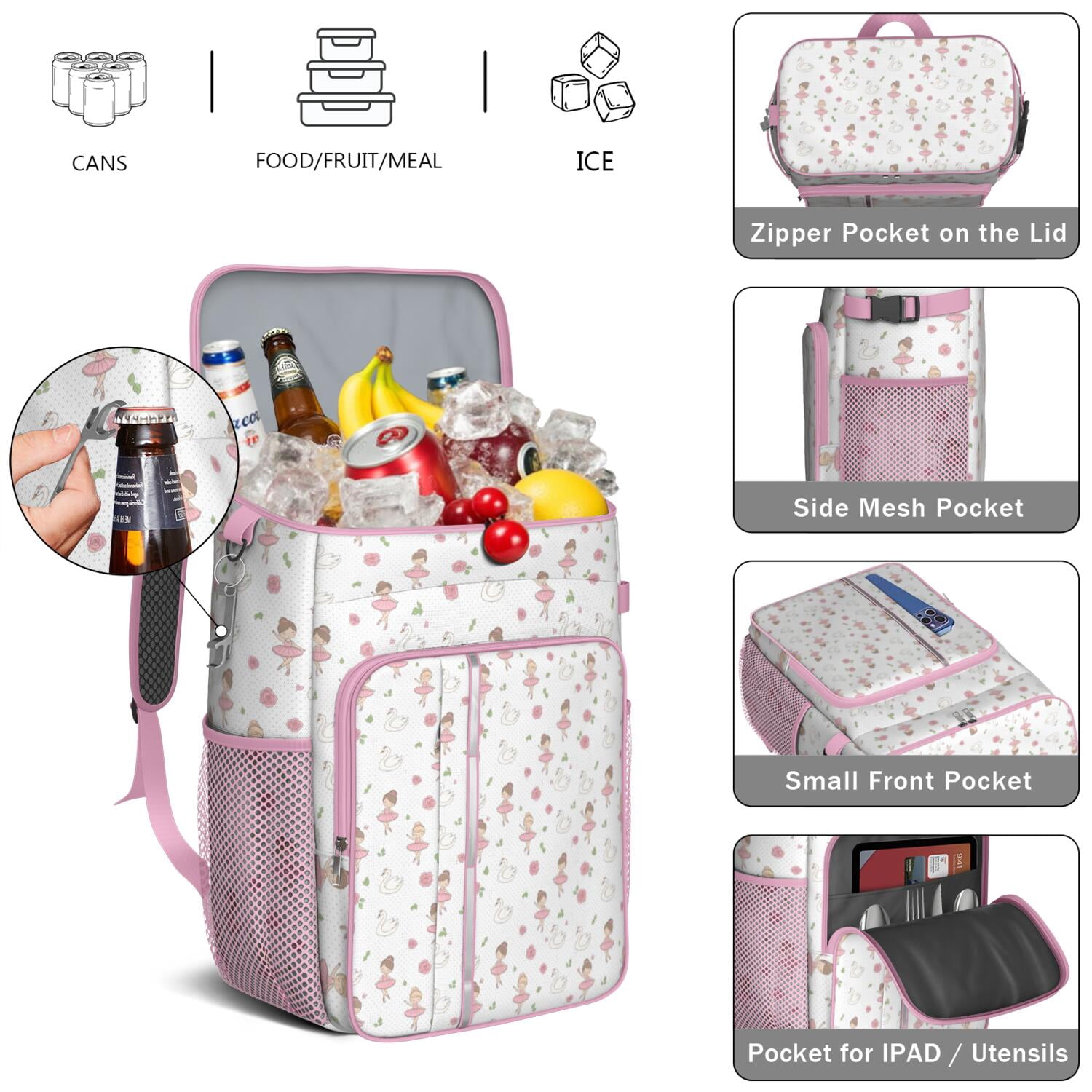 Travel Cooler Bag - White Ballerina Swan Pattern Camping Beer Cooler Backpack with Bottle Opener- Waterproof Insulated Picnic Backpacks - Cooler Bag for Beach