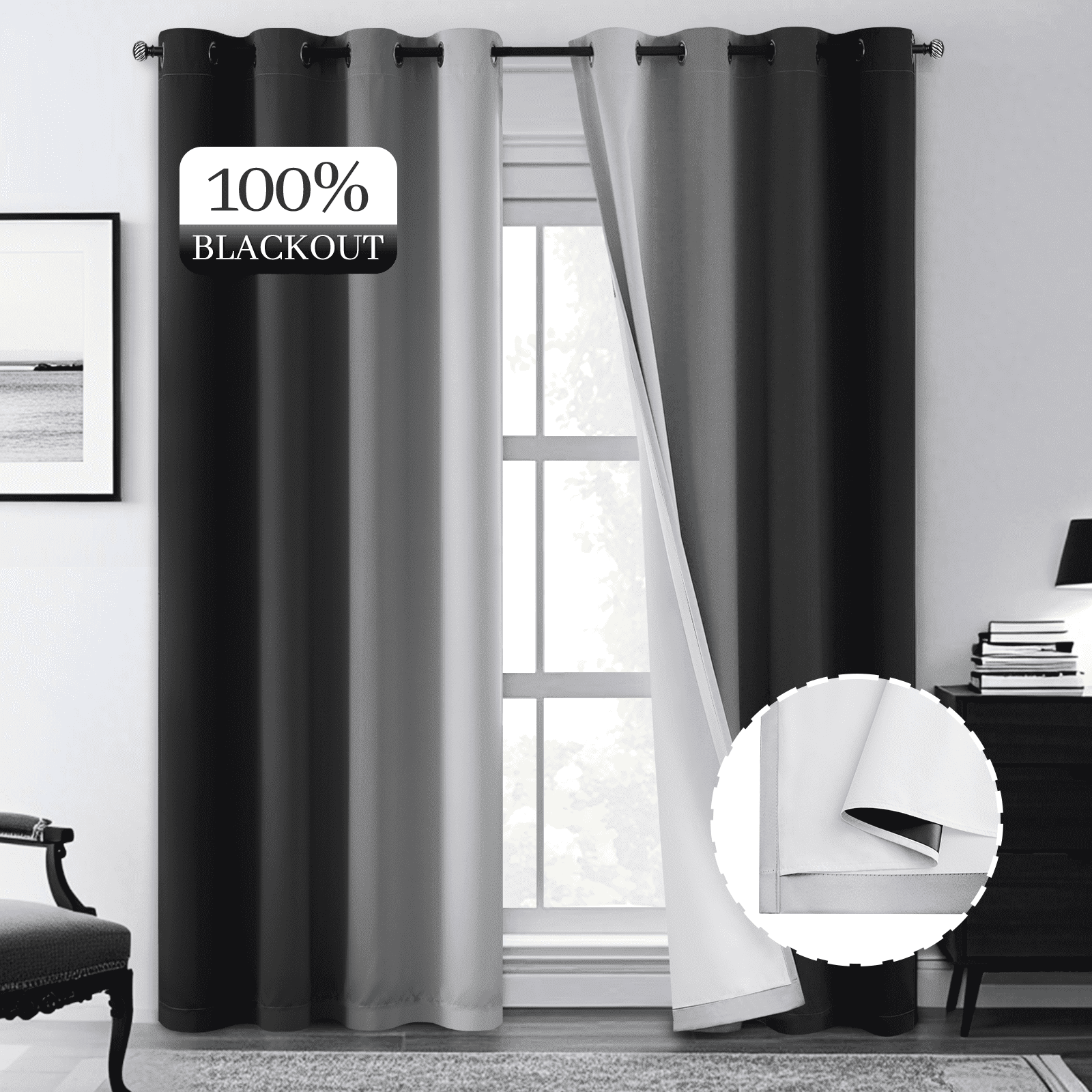 Yakamok 100% Blackout Curtains 84 Inch Length 2 Layers,Black Curtains for Bedroom Ombre Room Darkening Grommet Gradient Drapes, Light Blocking Thermal Insulated Window Curtains for Living Room