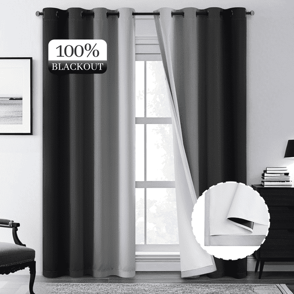 Yakamok 100% Blackout Curtains 84 Inch Length 2 Layers,Black Curtains for Bedroom Ombre Room Darkening Grommet Gradient Drapes, Light Blocking Thermal Insulated Window Curtains for Living Room