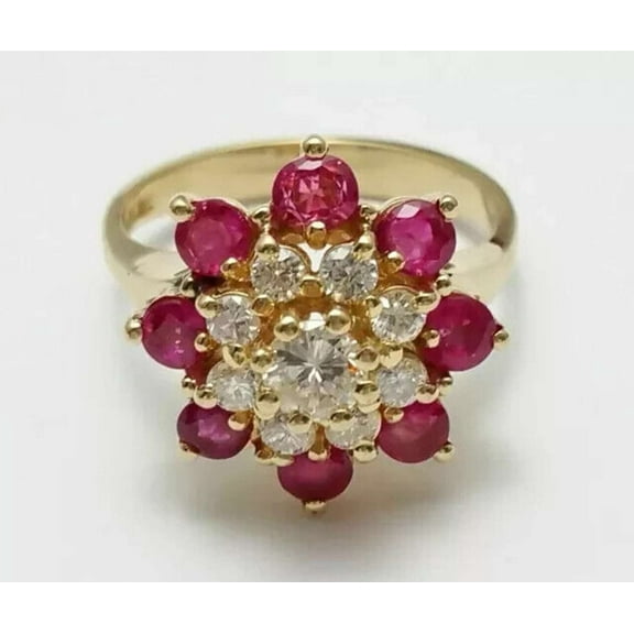 2CT Pink Ruby 925 Silver Flower Engagement Wedding Ring 14k Yellow Gold Plated