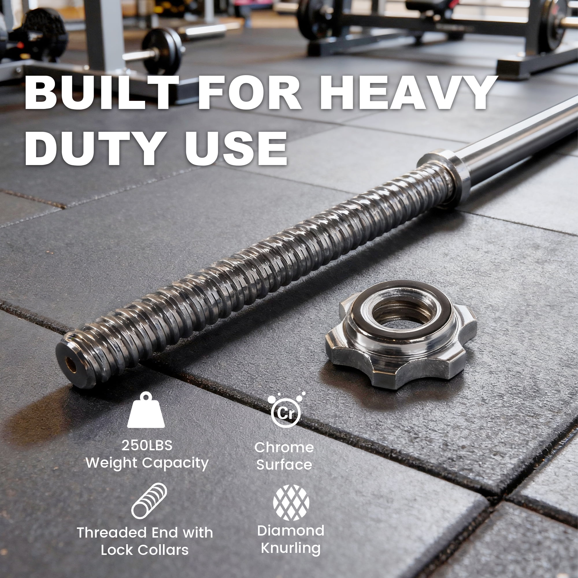 FlexWave Spiral Straight Barbell Bar, Alloy Steel, 1-Inch Standard Diameter, Black and Silver Finish, 6FT