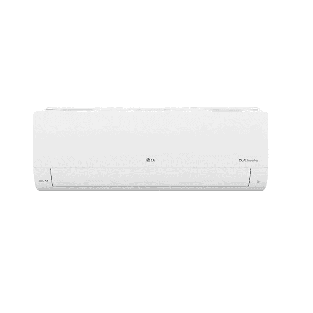 aire acondicionado 11,000 btus inverter s/frío 220v silencioso marca lg vx122c8k |lg inverter, solo frío — Mini split blanco montado en pared, vista frontal centrada; carcasa rectangular con rejilla superior, lamas inferiores móviles, logotipo LG centrado y rótulo 'DUAL Inverter' a la derecha. Especificado 11,000 BTU y tecnología inverter; ideal para enfriar y reducir humedad en habitaciones, y a menudo usado para climatizar oficinas pequeñas.