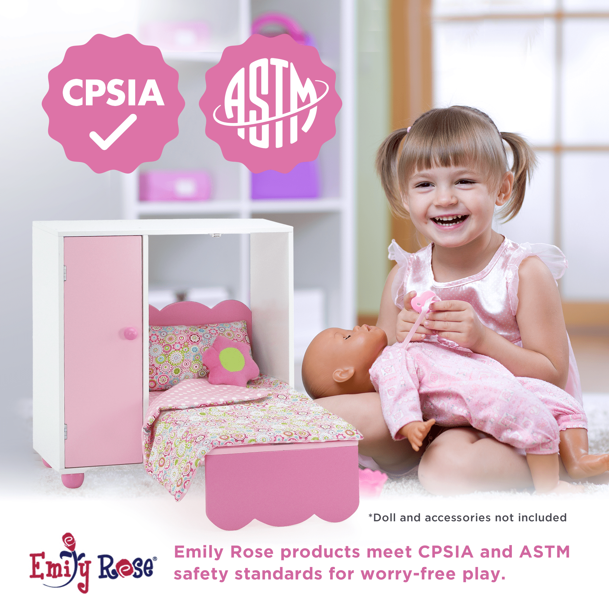 Emily Rose 18 Inch Doll Furniture All in One Space Saving Murphy 18" Doll Bed with Doll Clothes Closet and Clothing Storage Bin  (Mom's Choice Award Winner!) | Fits 18" American Girl and Similar Dolls