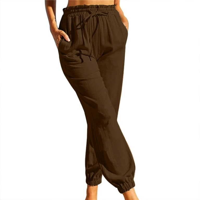 Women's Pant Womens Elastic Waist Solid Comfy Cotton Linen Pants With  Pockets Coffee M
