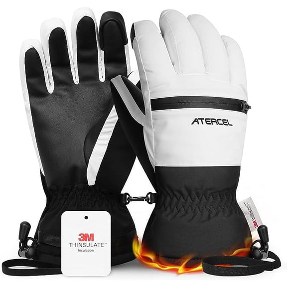 Atercel Waterproof Winter Ski Gloves,Warm 3M Thinsulate Gloves,Touchscreen,Ideal for Men and Women(White,S)