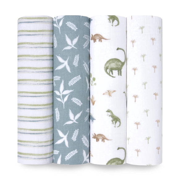 aden   anais, Cotton Muslin Swaddle Blanket, Dino Jungle, Blue, Boys, Infants, 4-Pk
