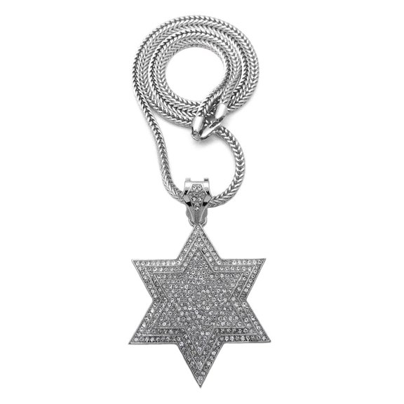 iJewelry2 Silver-tone Crystals Piled Stars of David Charm Pendant Franco Chain Necklace 18''