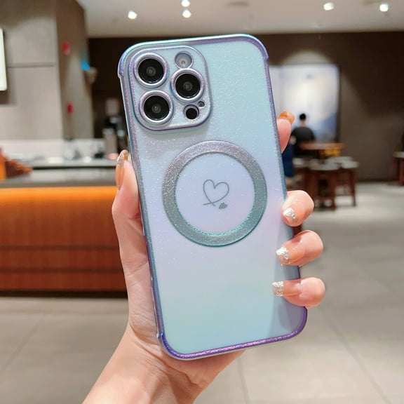 For iPhone 17 Pro Max Magnetic Phone Case,Compatible with Mag-Safe,Electroplated Double Hearts Design,Bling Glitter Dazzling Shockproof Anti-fall Ultra Slim Soft TPU  Phone Case Cover,Blue