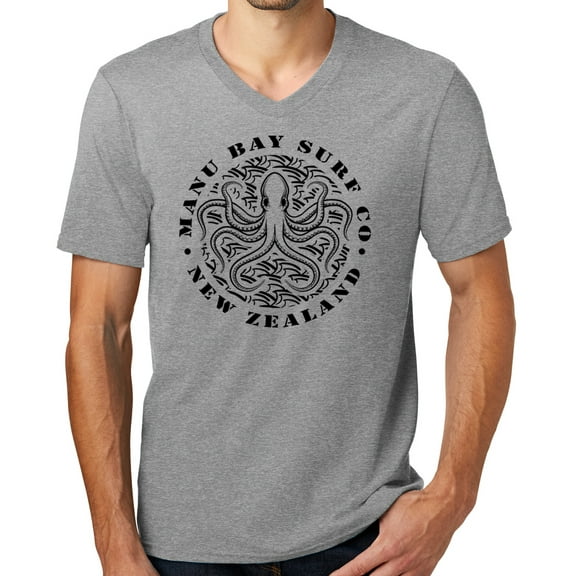 Mens Manu Bay Surf Company BLACK OCTOPUS Surfer T-shirt, Large Light Heather Grey