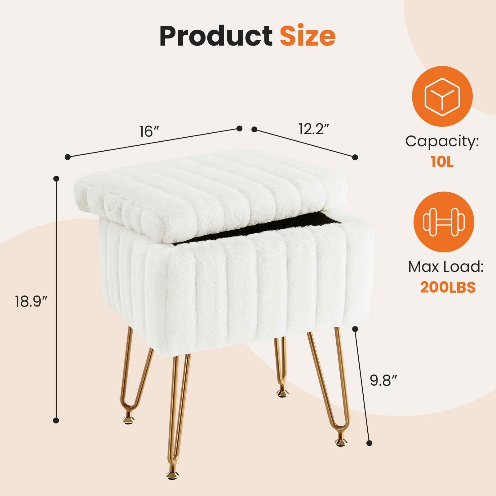 MAYEERTY Vanity Stool with Storage Faux Fur Soft Padded 4 Metal Legs