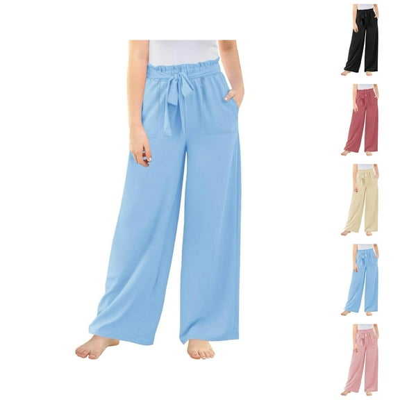 Pants for Girls Casual Pants for Girls Wide Leg Trousers High Elastic Smocked Waist Casual Flowy Long Cute for Girls