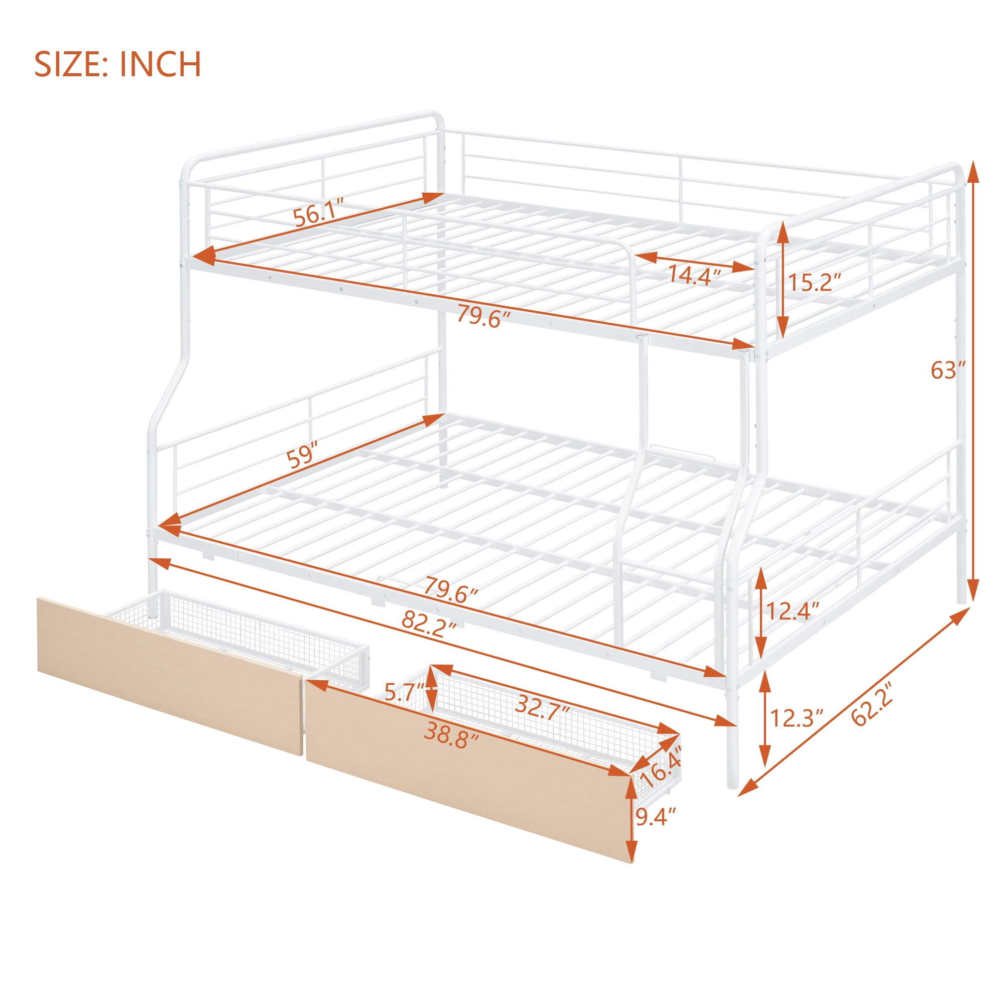 Aukfa Full XL over Queen Metal Bunk Bed with 2 Drawers for Teens, Adults, Dorm, White