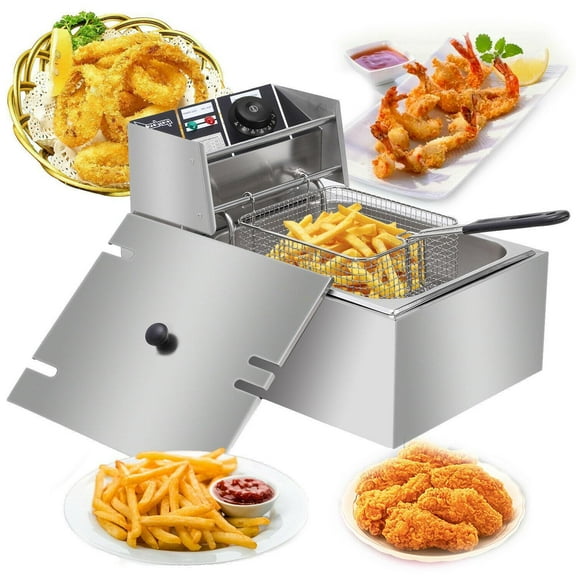 HOWEN 6.3QT Capacity Electric Deep Fryer with Baskets & Lids, 6L Countertop Stainless Steel Temperature Control Frying Machine, for Home & Commercial 2500W 110V