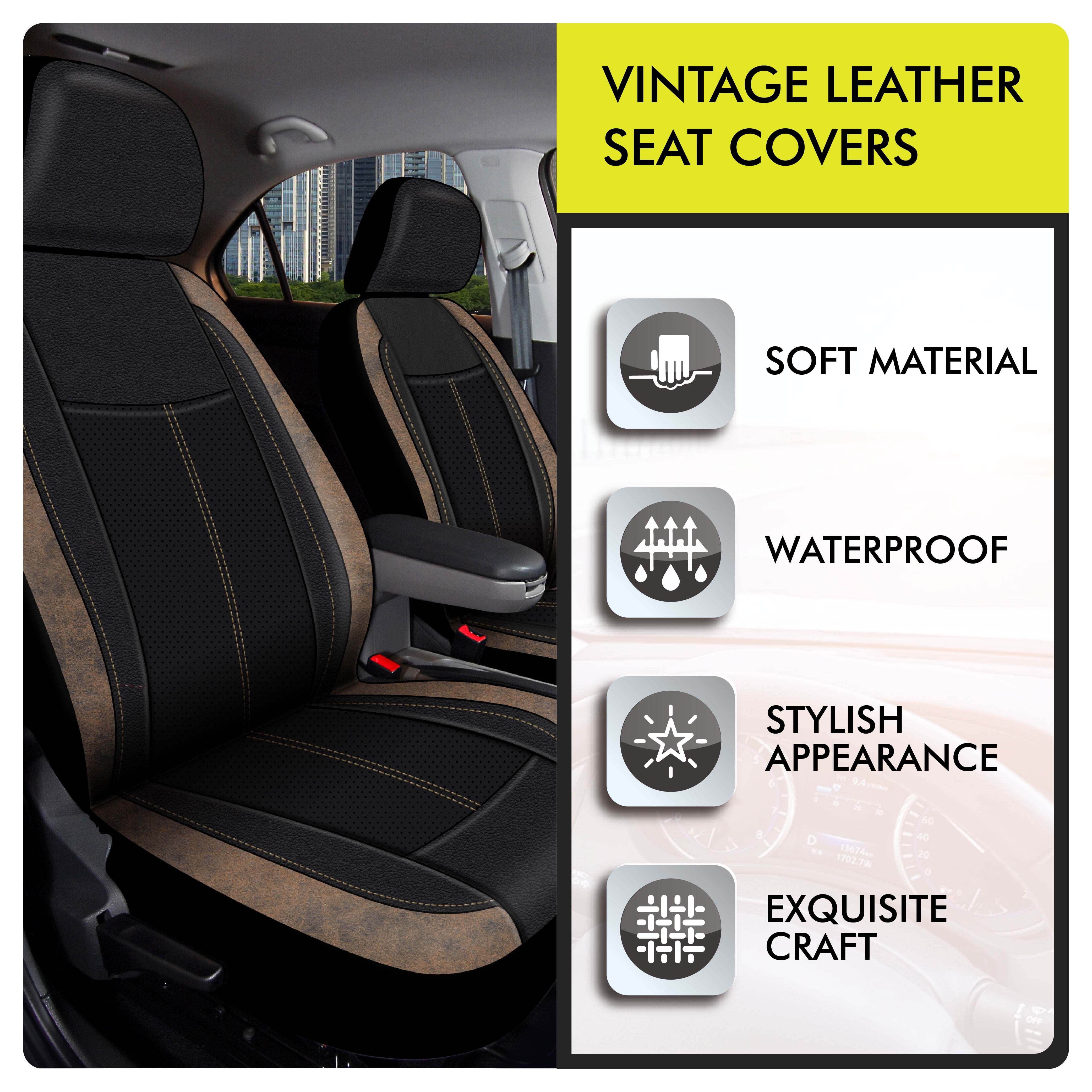 Auto Drive Black and Brown Distress Faux Leather Car Seat Covers, Set ...