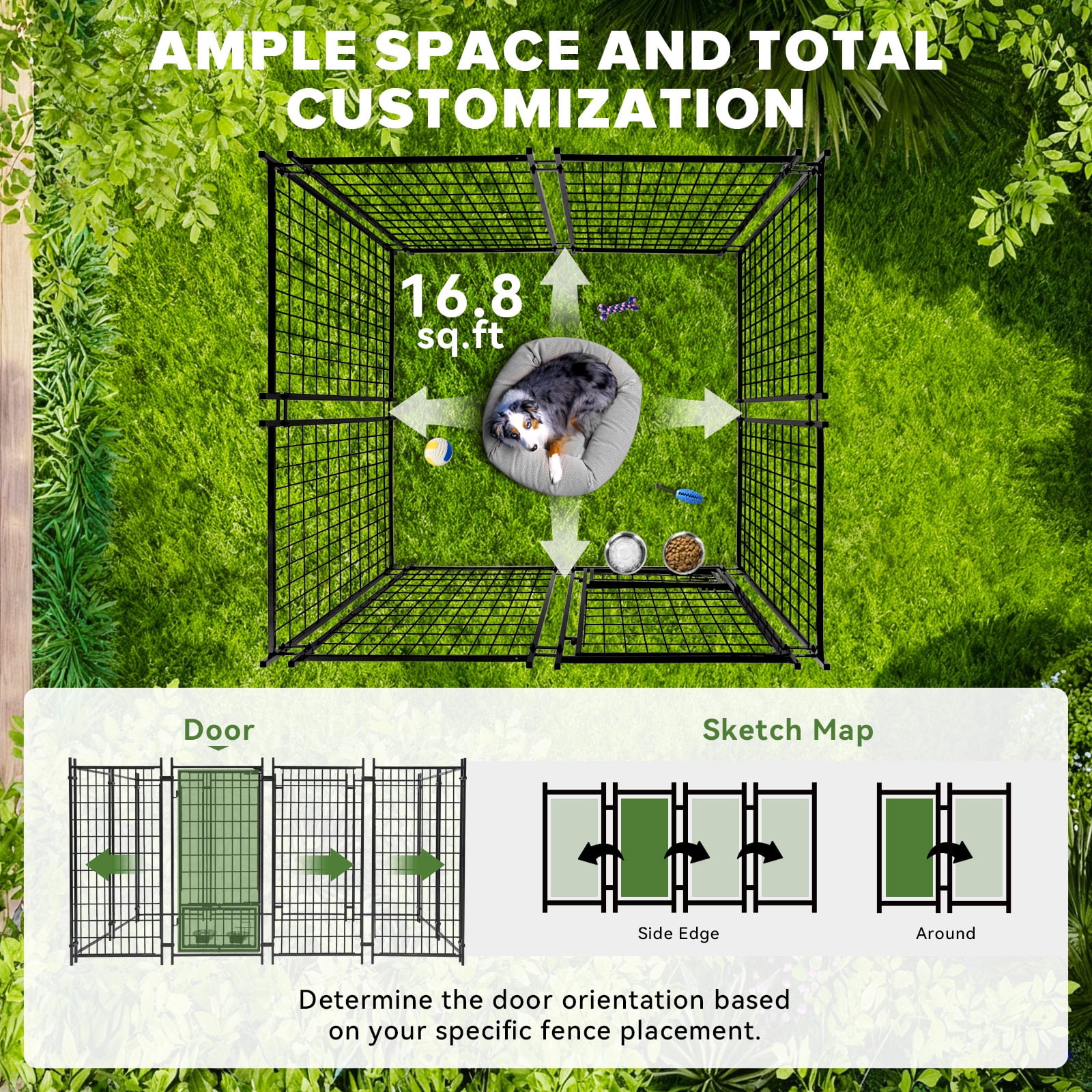 Oranland 4 x4 x5FT Outdoor Large Dog Kennel, Heavy Duty Modular Dog Cage with Waterproof Cover, Dog Playpen with 2 Rotating Bowls & Secure Lock for Patio, Garden, Backyard