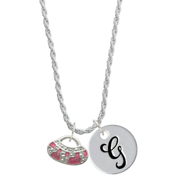 Delight Jewelry Silvertone Hot Pink Retro Purse Silvertone Script Initial Disc - G - Charm Necklace, 20"+3"
